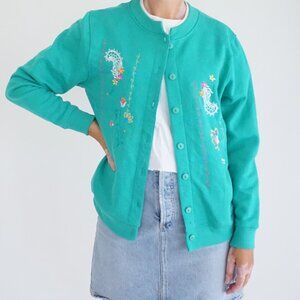 Shenanigans Teal Cotton Embroidered Cardigan Button Front Cottagecore Preppy S